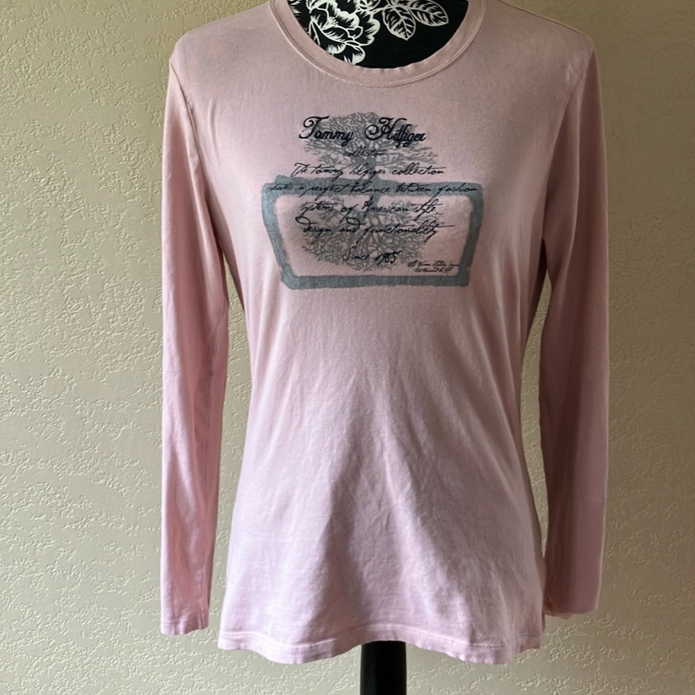 M TOMMY HILFIGER NICE BLUSH PINK 95% COTTON SCOOP NECK LONG SLEEVED STRETCHY TEE
